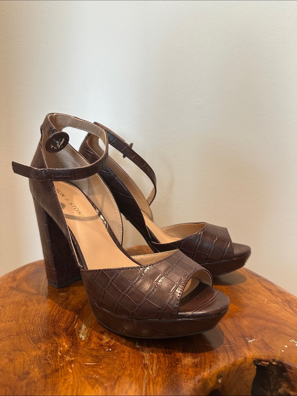 Croc-Embossed Dark Brown Block Heel Sandals with Ankle Strap